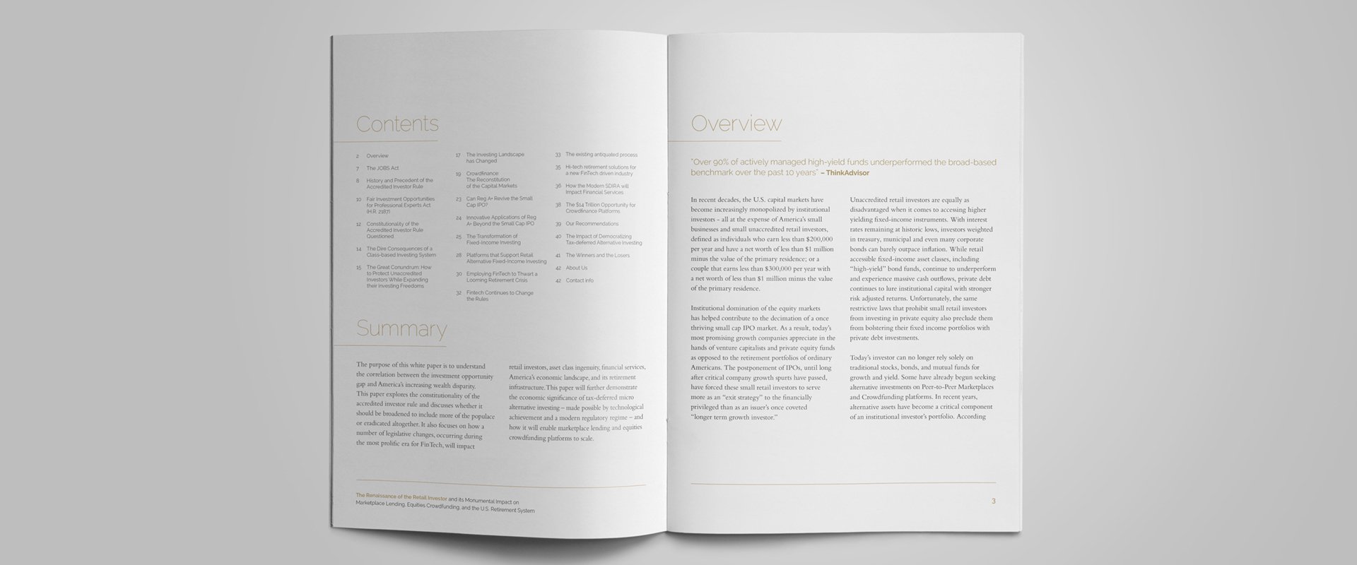 White paper spread outlining the brochures content, a summary and an overview.